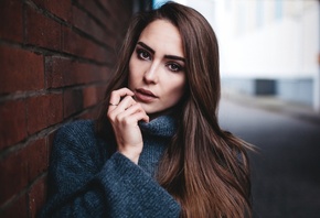 women, face, portrait, bricks, wall, depth of field