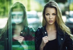 women, blonde, face, glass, reflection, tattoo, depth of field, leather jac ...