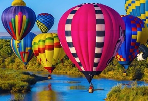 воздушные шары, полет, природа, река, красиво
