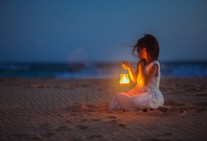 фото, девочка, ребенок, пляж, фонарь