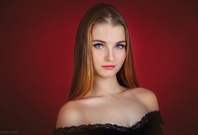 women, blonde, portrait, red background, blue eyes