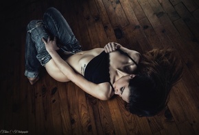 women, brunette, pants down, pants, jeans, belly, wooden surface, tattoo, black bras, closed eyes, torn jeans, lying on back