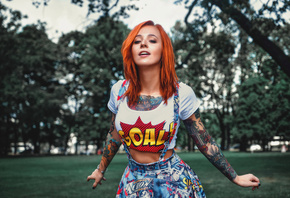 Yana Sinner, women, redhead, T-shirt, overalls, tattoos, portrait, women ou ...