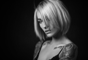 Sasha Brink, women, tattoo, nose rings, simple background, black background, face, portrait