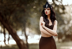 Alla Berger, women, portrait, depth of field, black hair, looking away, skirt, nose rings, model, red lipstick