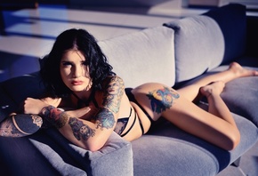 Giulia Bonci, women, tattoo, couch, ass, black lingerie, brunette, black hair, lying on front, Giovanni Zacche