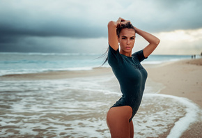 women, tanned, ass, one-piece swimsuit, sand, sea, nipple through clothing, water drops, hands on head, Georgy Chernyadyev