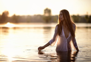 women, river, sunset, shirt, wet clothing, see-through clothing, nipple thr ...