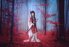 девушка самурай, осень, лес, деревья, туман, одежда, причёска, меч