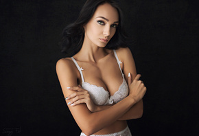 women, arms crossed, black background, white lingerie, portrait, simple background