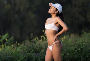 Tatiana Lopez, women, tanned, closed eyes, depth of field, baseball caps, belly, women outdoors, tattoo, nipple through clothing, thong, white top, sass