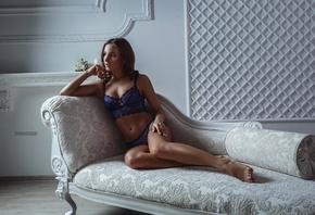 Oksana Popenko, women, tanned, blue lingerie, sitting, couch, belly, looking away, Denis Doronin