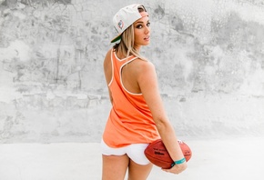 women, T-shirt, jean shorts, portrait, baseball caps, blonde