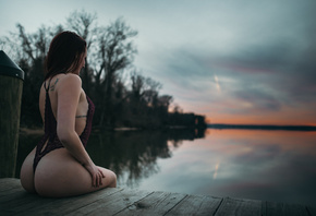 women, ass, pier, sitting, back, sunset, tattoo, painted nails, one-piece swimsuit, lake, portrait, tanned, depth of field, women outdoors, wooden surface, reflection, water