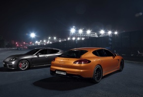Porsche, Panamera, GTS, orange, and, gray, supercars