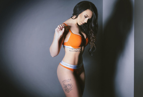 women, belly, tattoo, portrait, brunette, red nails, underwear, shadow, pie ...