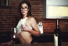 women, portrait, black panties, tanned, glasses, bottles, women with glasses, belly, depth of field