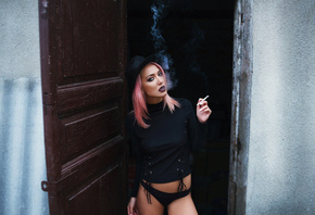 women, tanned, hat, portrait, pink hair, cigarettes, smoke, nipple through clothing, door, dyed hair