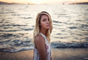 women, blonde, sunset, sea, sand, portrait