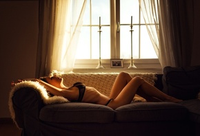 women, black lingerie, couch, window, ribs, lying on back, tanned, Miro Hof ...
