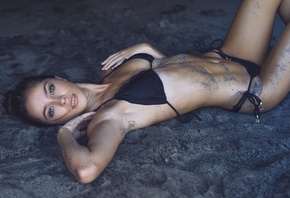 Cameron Rorrison, women, tanned, black bikinis, belly, sand, lying on back, ...