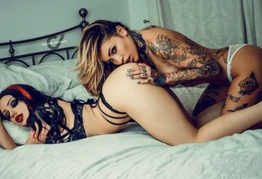 women, ass, topless, bent over, closed eyes, tattoos, tanned, in bed, black ...