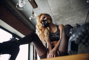 Arishka Mironova, women, blonde, gas masks, sitting, tanned, pierced navel, ...