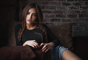 Anastasia Lis, women, jean shorts, portrait, Sergey Fat