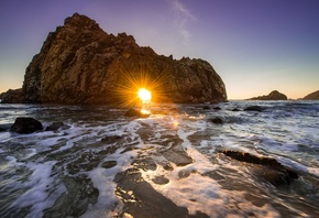 океан, скалы, закат, Калифорния, солнце, природа