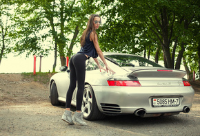 women, ass, sneakers, women outdoors, car, yoga pants, Porsche, trees, sunglasses