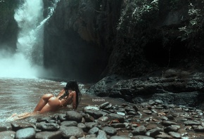 women, waterfall, river, tanned, Alexander Belavin, water, ass, bikini, wet body