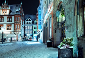 германия, улица, дома, снег, здания, дорога, Deutschland, ночь