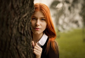 women, portrait, Anastasia Zhilina, redhead, women outdoors, depth of field, face, trees