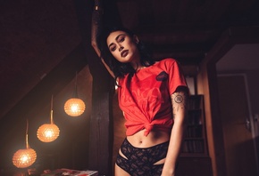 women, portrait, Sebastian Heberlein, T-shirt, tattoo, brunette, panties, n ...