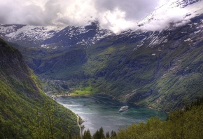 фото, Норвегия, фьорд, горы, корабль, лайнер, городок, красиво