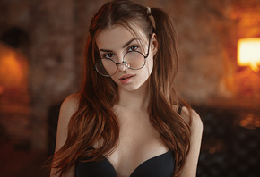 women, Georgy Chernyadyev, glasses, portrait, black bras, pigtails, depth of field