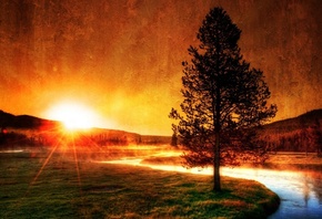природа, река, солнце, закат, вечер, дерево, цвета, краски, лучи