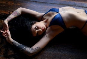 women, Giovanni Zacche, blue lingerie, armpits, belly, tattoo, on the floor ...