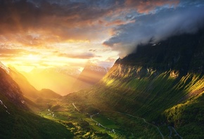 Норвегия, горы, природа, красиво, лучи, солнца, дорога, серпантин