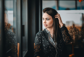 women, portrait, depth of field, glass, looking away, reflection