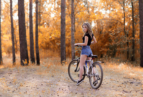 women, bicycle, trees, forest, jean shorts, brunette, women outdoors, sneakers, depth of field, looking at viewer