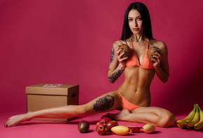 women, fruit, bikini, sitting, belly, painted nails, tattoos, necklace, portrait