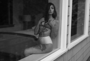 women, monochrome, sitting, tattoo, window, looking away, portrait