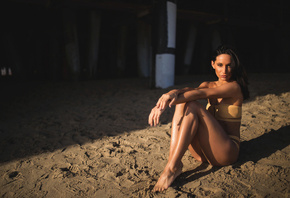 women, swimwear, sand, sitting, ass, tanned, portrait