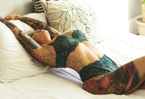 women, green lingerie, tattoo, in bed, armpits, lying on back, belly, close ...