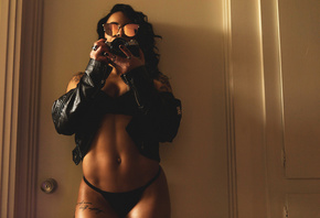 women, tanned, portrait, camera, black lingerie, belly, sunglasses, tattoo, ...