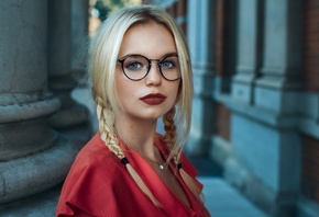 women, pigtails, blonde, face, portrait, glasses, blue eyes, necklace, depth of field