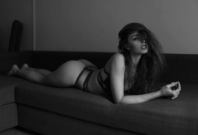 Ayla Rose, women, black lingerie, ass, couch, lying on front, monochrome, l ...