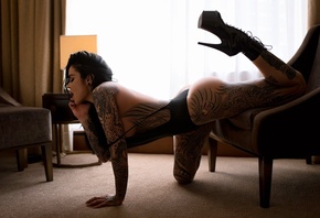 women, ass, tattoos, high heels, closed eyes, open mouth, boobs, sideboob, leotard