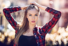 women, blonde, shirt, depth of field, portrait, hands on head